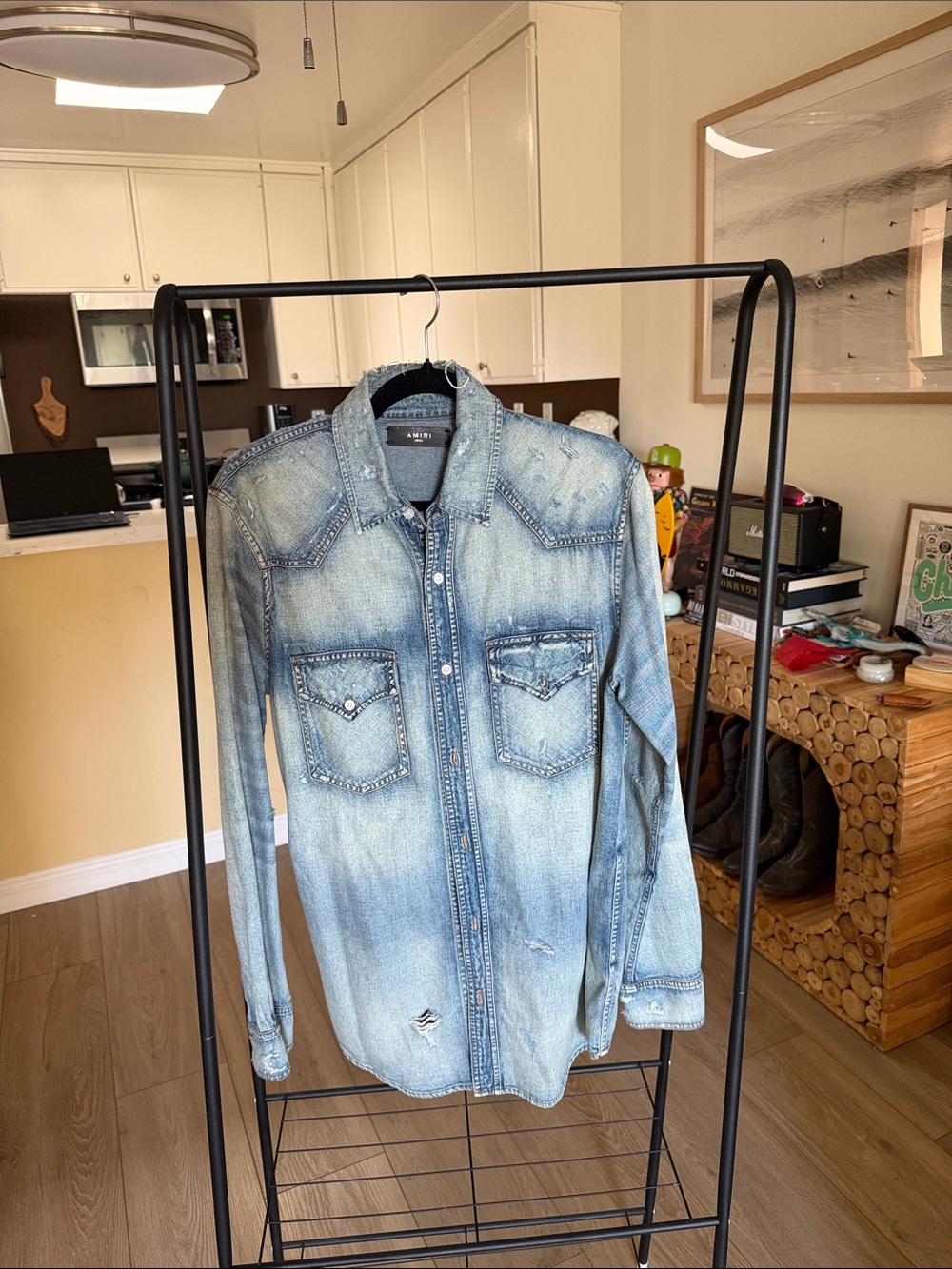 AMIRI Distressed Logo Appliqué Denim Western Shirt Jacket Small (Fits like a L)